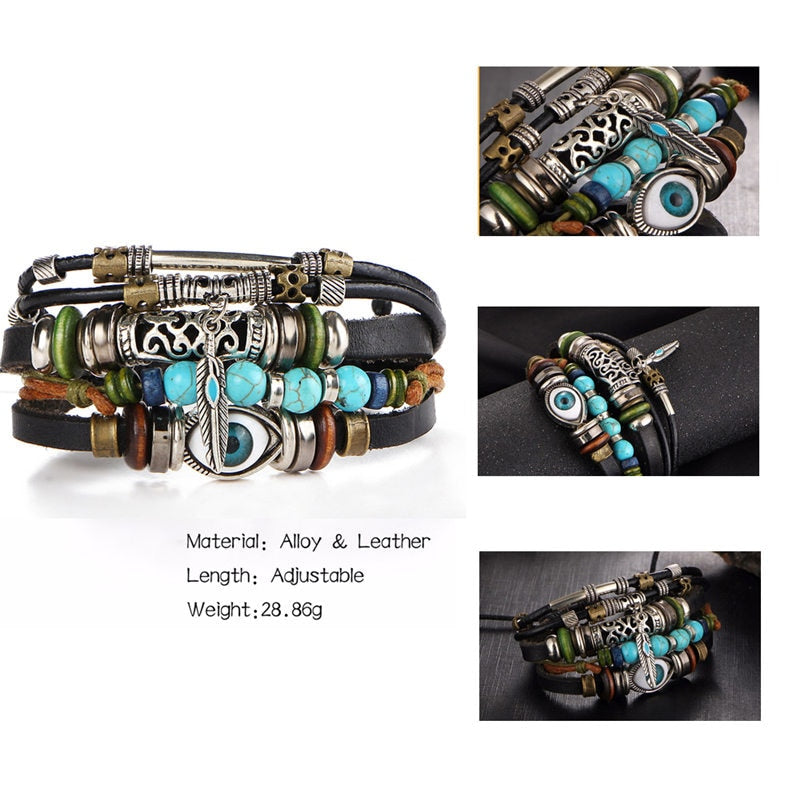 2 pcs Tibetan Stone Feather Multilayer Leather Bracelet Set