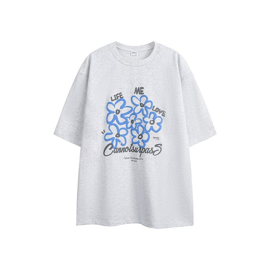 Harajuku Style Flower Print Loose T-Shirt for Men and Women