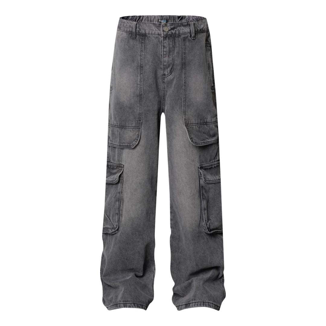 High Street Washed Vintage Multi-Pocket Denim Work Pants