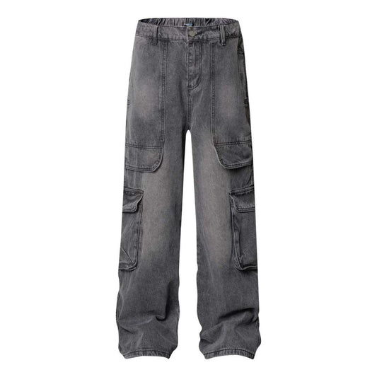 High Street Washed Vintage Multi-Pocket Denim Work Pants
