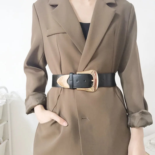 Harajuku Style Wide Elastic Waist Belt with Big Gold Buckle