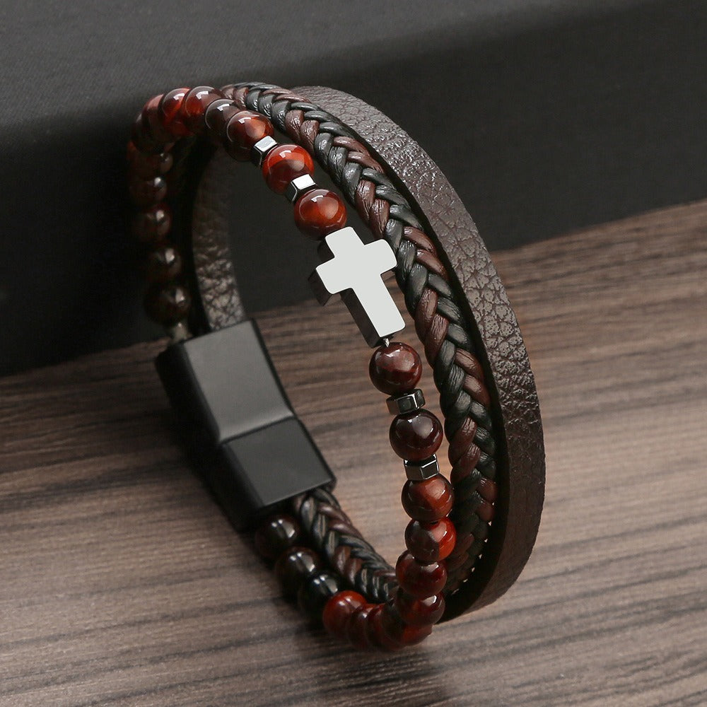 Men's Tiger Eye Stone Cross Bracelet - Harajuku Style
