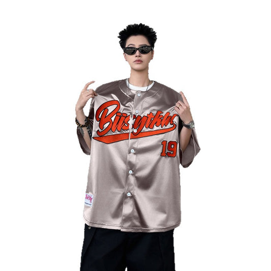 Satin Baseball Short Sleeved Printed Shirt
