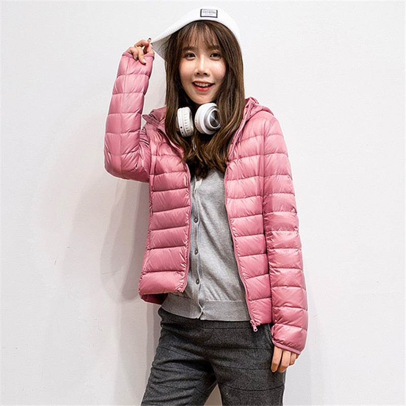 Ultra-Lightweight Slim Down Jacket for Women – Short Hooded Warm White Duck Down Coat