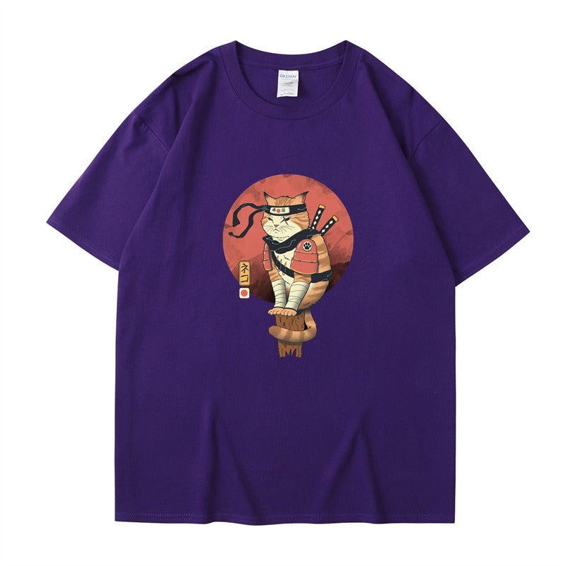 Ninja Cat Print T-Shirt - Short Sleeved Round Neck