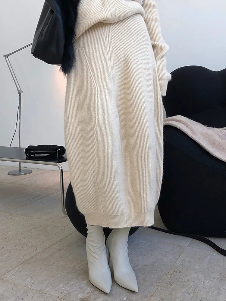 High Elastic Waist Apricot Irregular Knitting Skirt