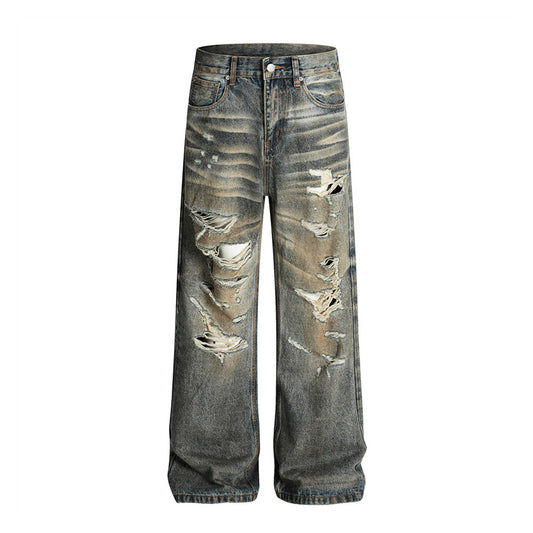 Post-Apocalyptic Heavy-Duty Distressed Denim Pants for Men