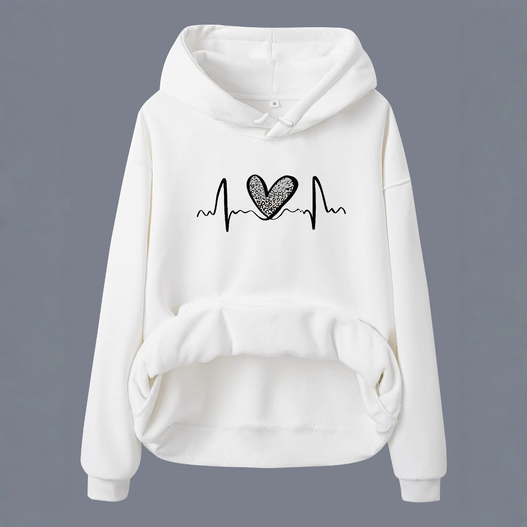 Pocket Hooded Long Sleeved Fleece Sweatshirt with Leopard Print Heart Design