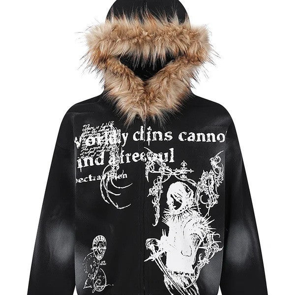 Printed Fur Collar Hoodie Top Dark Jacket