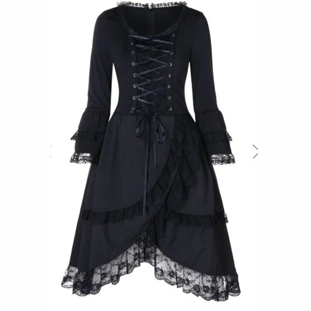 Vintage Elegant Lace-Up Gothic Retro Party Dress for Women – Gothic Punk Style with Long Flare Sleeves and Sexy Black Mesh Design