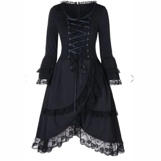 Vintage Elegant Lace-Up Gothic Retro Party Dress for Women – Gothic Punk Style with Long Flare Sleeves and Sexy Black Mesh Design