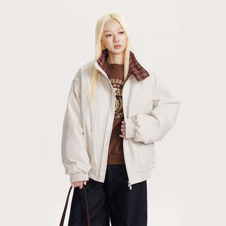 Splicing Plaid Stand-Up Collar Loose Jacket
