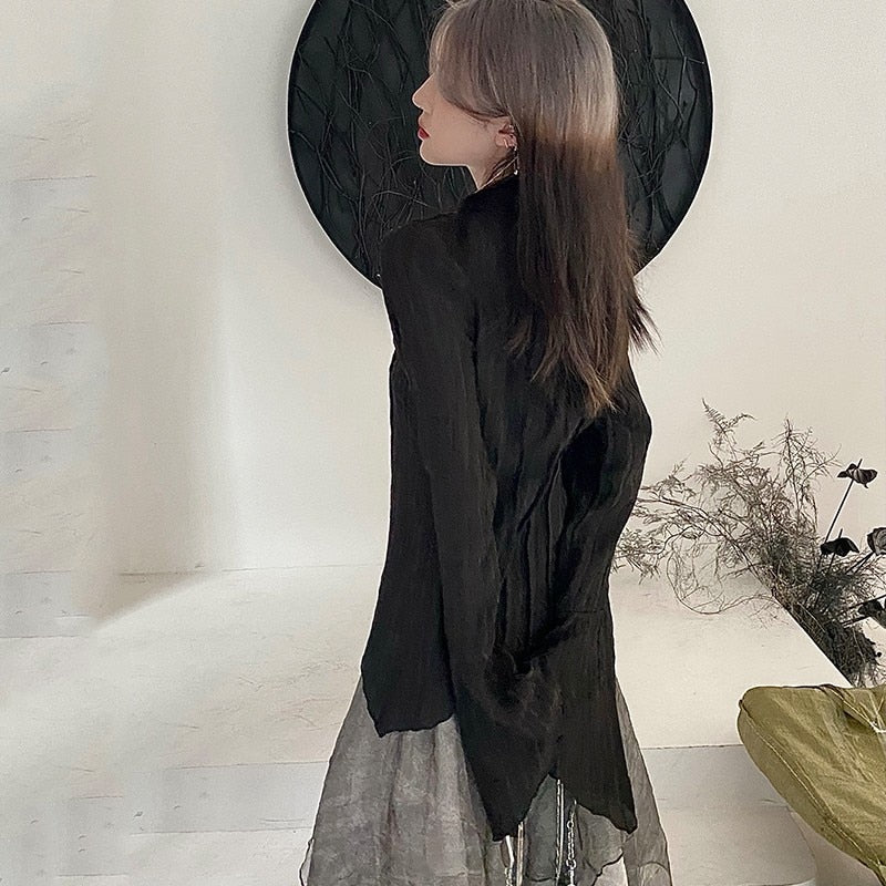 Karrram Gothic Black Shirt - Yamamoto Style Dark Aesthetic Blouse for Women - Irregular Designer Emo Alt Grunge Tops - Y2K Fashion