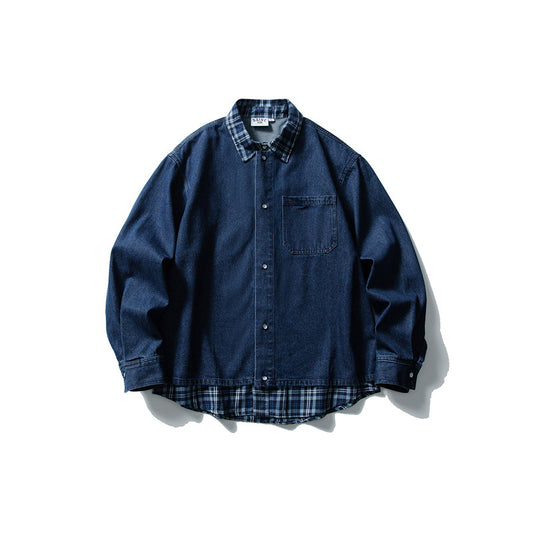 Color Block Plaid Patchwork Denim Shirt - Harajuku Style