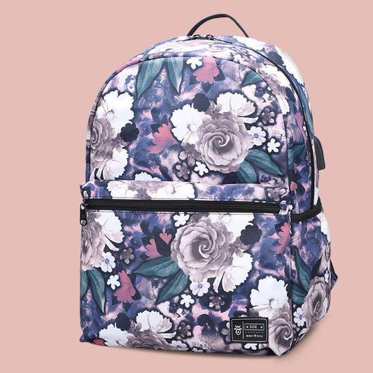 Peony Print Large Capacity USB Backpack