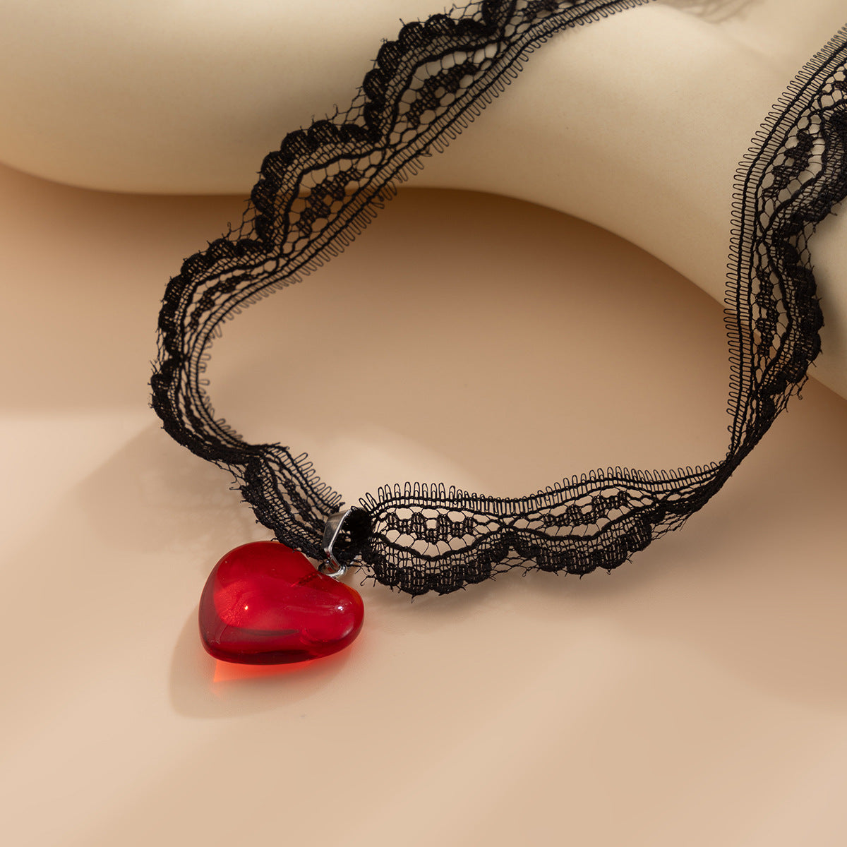 Personalized Black Lace Collarbone Necklace with Red Heart Pendant