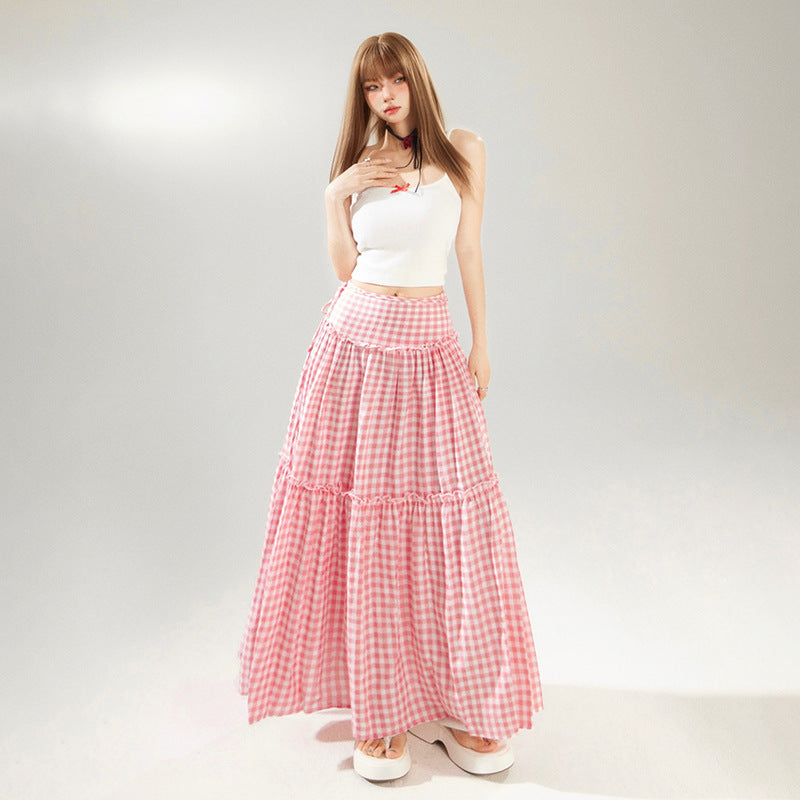 Women's Pink Plaid Flare Long Skirt - Loose A-Line Big Swing Skirt