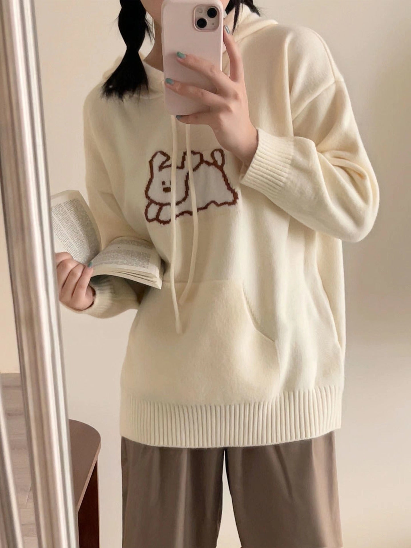 Cute Cartoon Hooded Sweater Knitted Sweater - Loose Pocket Overlapping Sweater