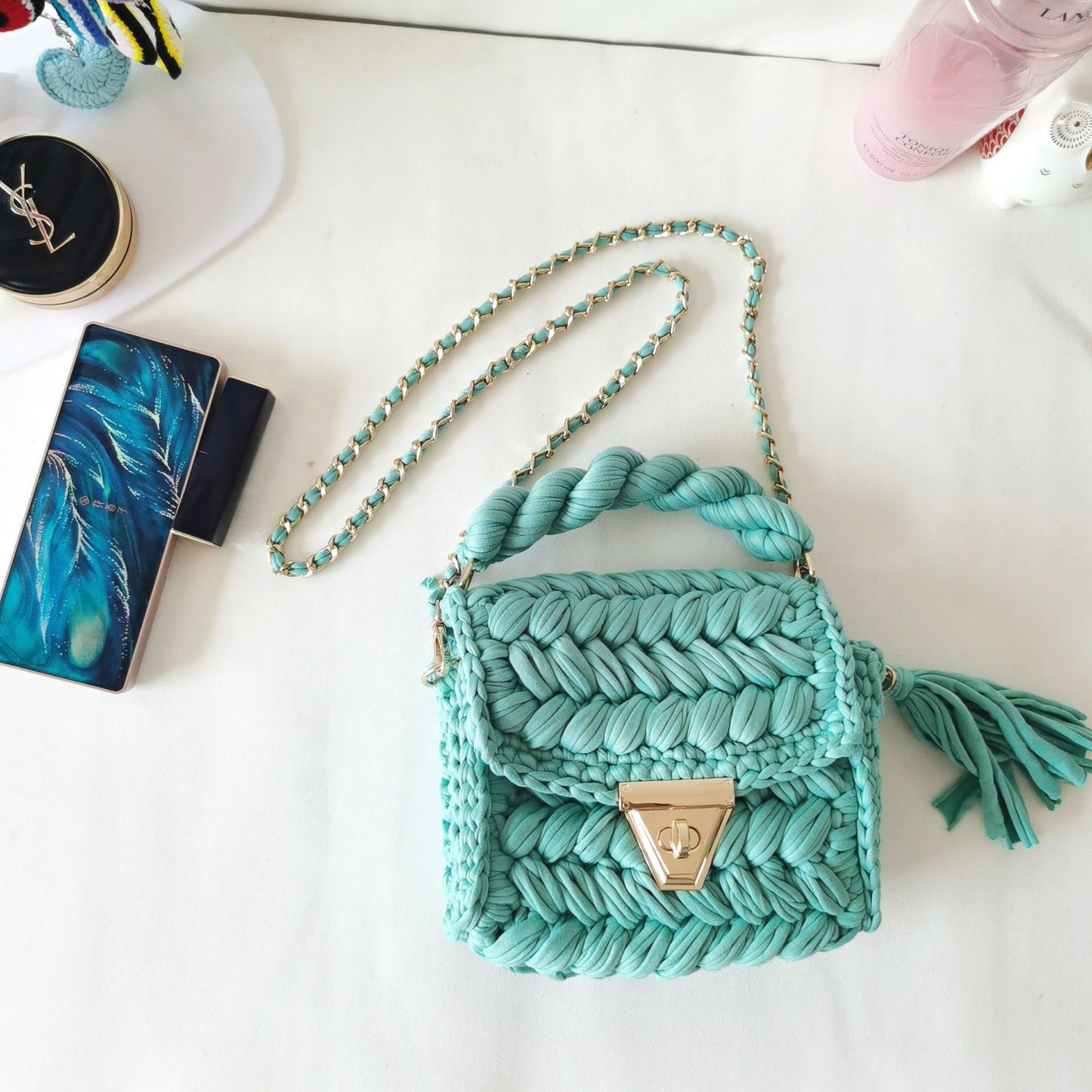 Harajuku Chic Hand-Woven Crossbody Bag with Chain