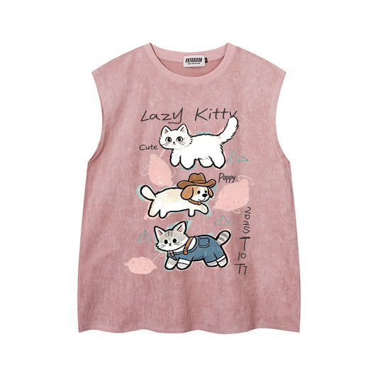Stacked Cat & Dog Printed Vest — Harajuku Style Retro Deer Skin Velvet Vest