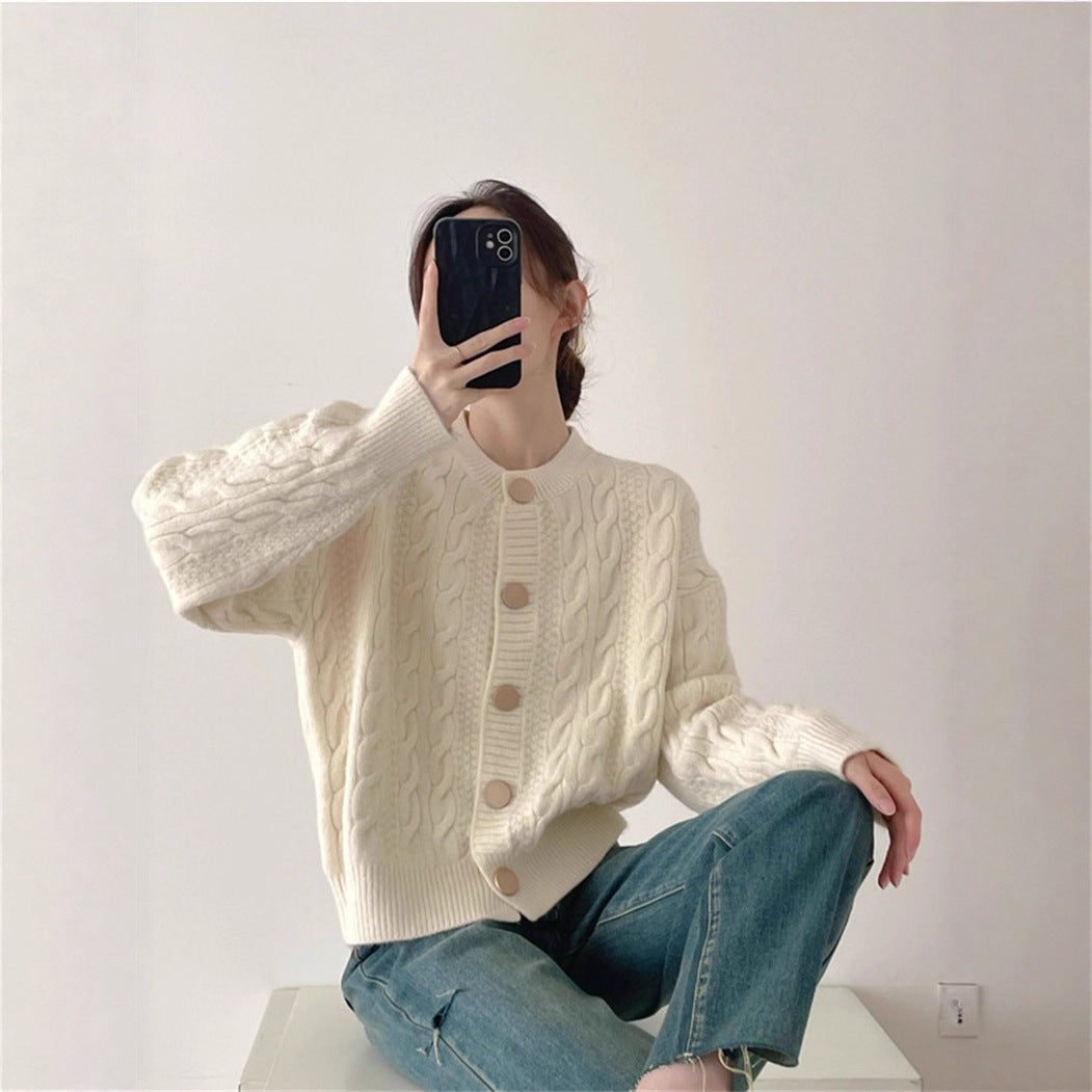 Gentle Style Short Knitted Cardigan with Cable Knit Pattern for Women – Loose Soft Round Neck Sweater Coat