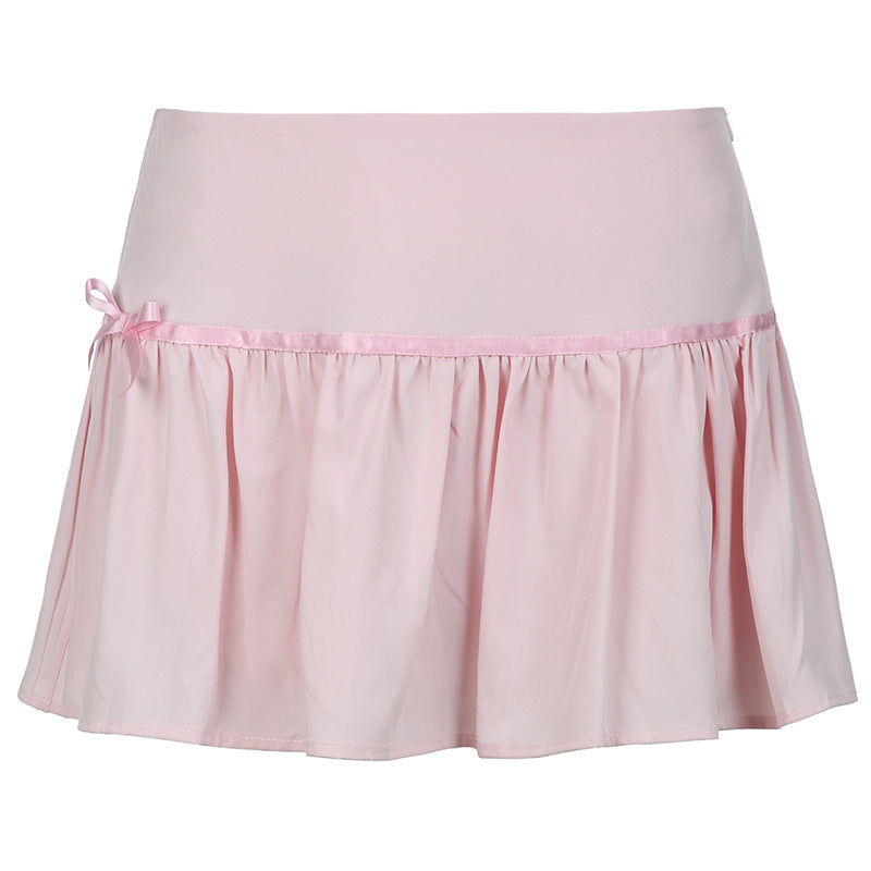 Lace-Up Striped Bow Lace Spliced Pleated Skirt
