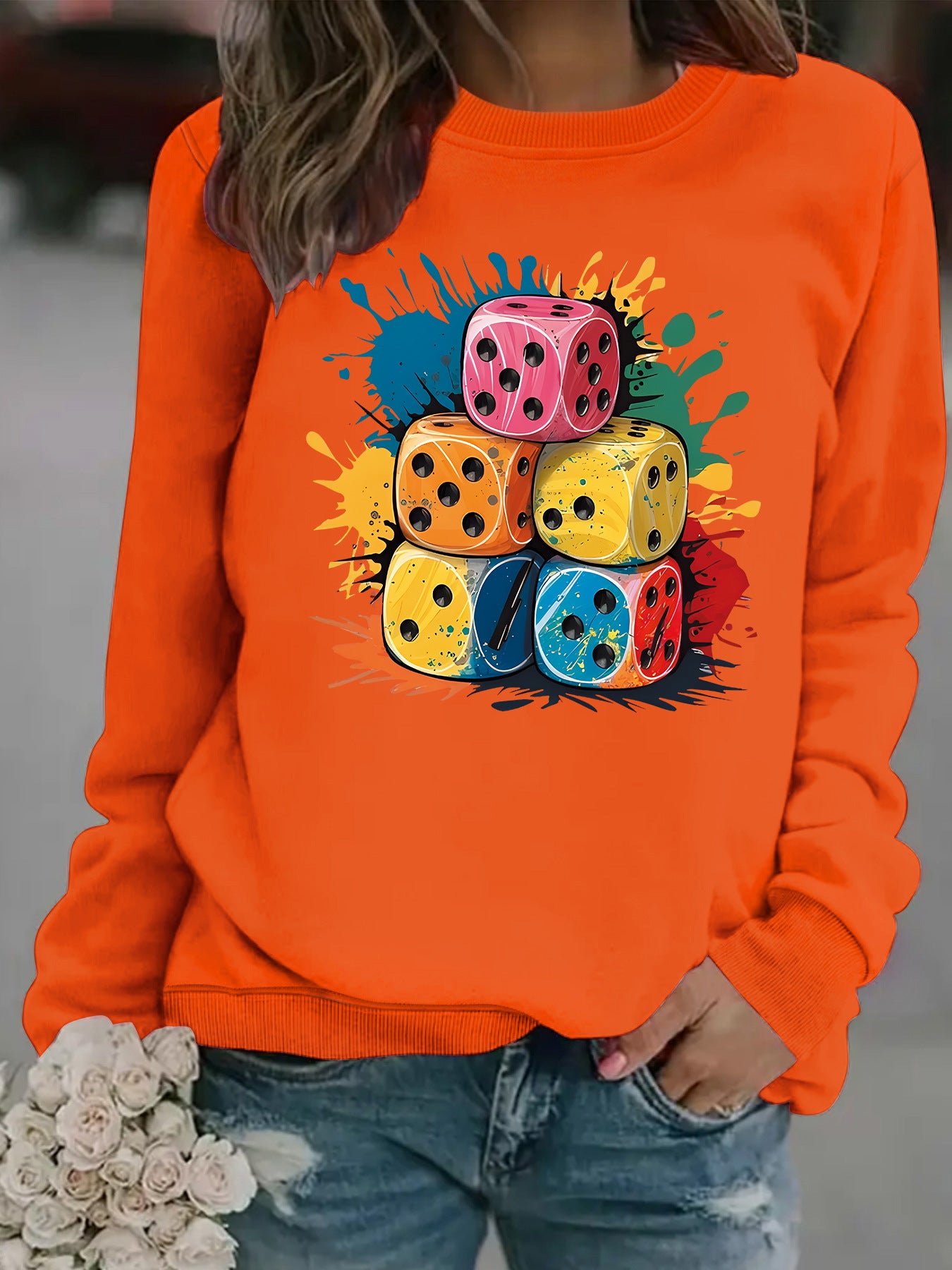 Splash Pattern Printed Stacking Block Hoodie with Round Neck