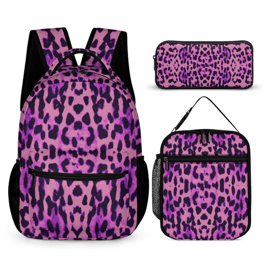 Purple Leopard Print Three-Piece Backpack Bag Set Combination