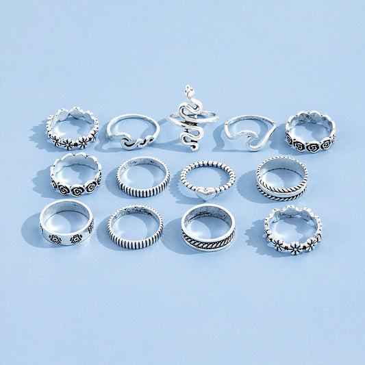 Playful Flower Love Geometric Snake Ring Set - 13 Pcs