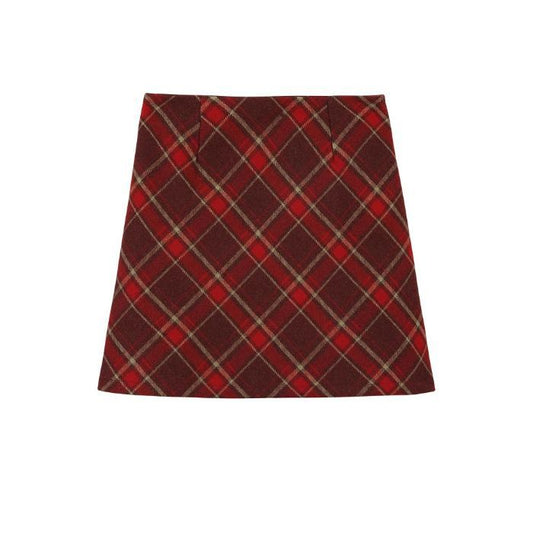 Retro Red Wool Plaid Skirt Women's High Waist A-Line Pencil Short Skirt