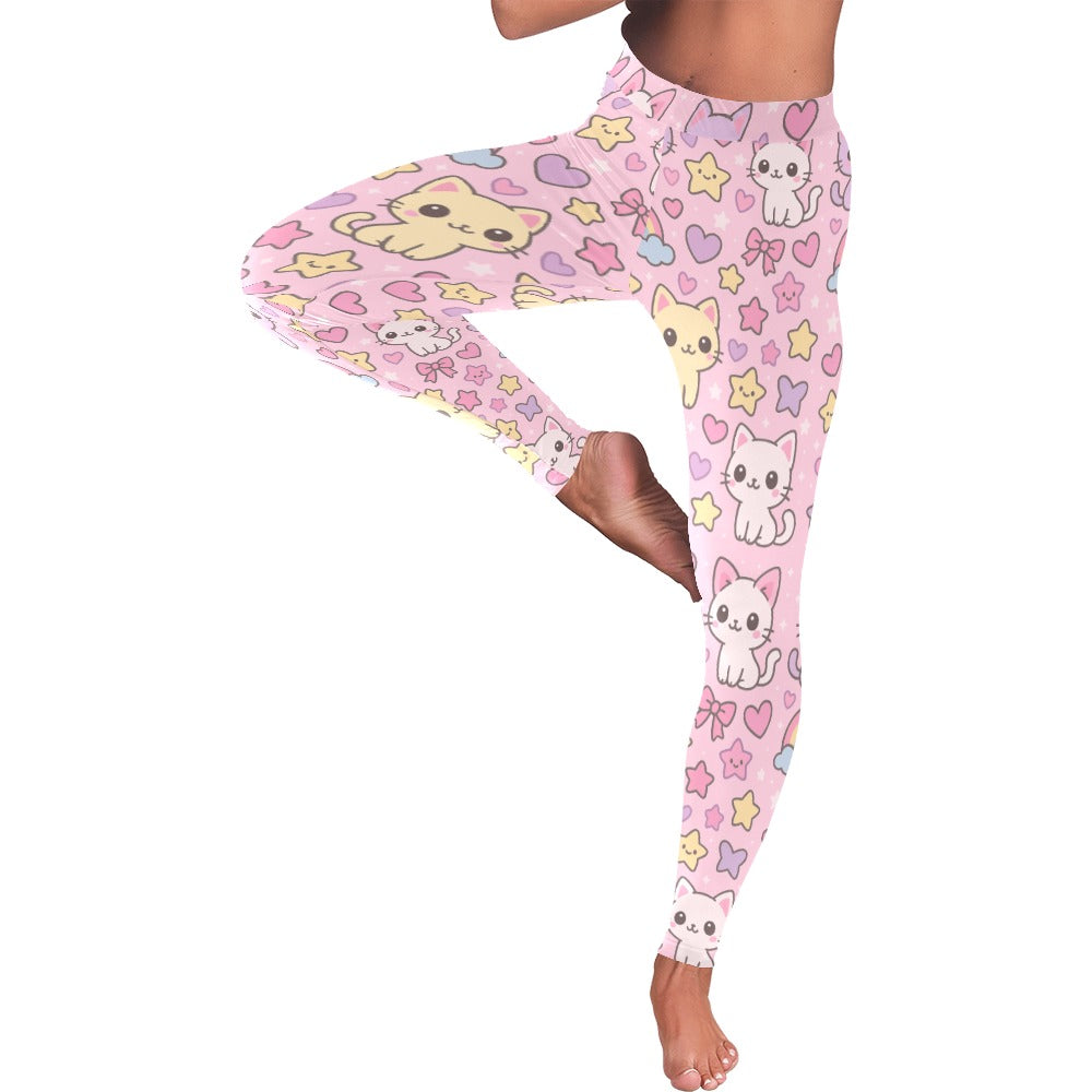 Pink Harajuku Cat Rainbow Collage Women's All-Over Low Rise Leggings
