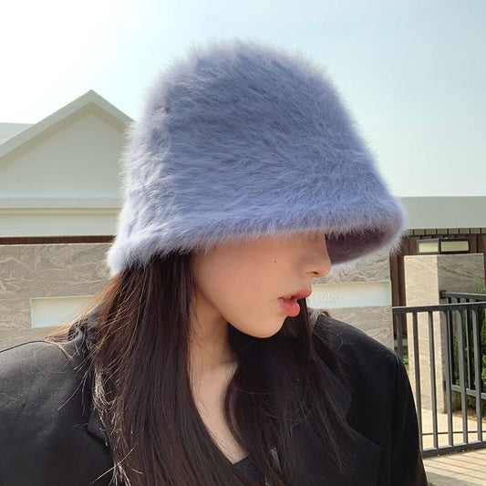 Harajuku Style Women's Solid Color Rabbit Fur Bucket Hat