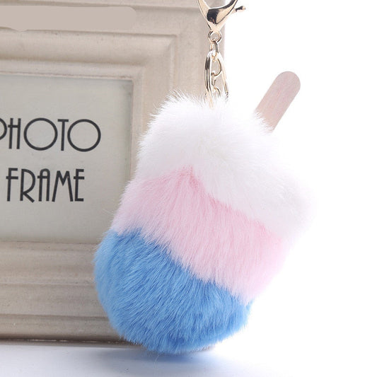 Fluffy Faux Fur Pom Pom Ice Cream Keychain Keyring Holder Cover Women Bag Charms Ornaments Pendant Jewelry Accessories