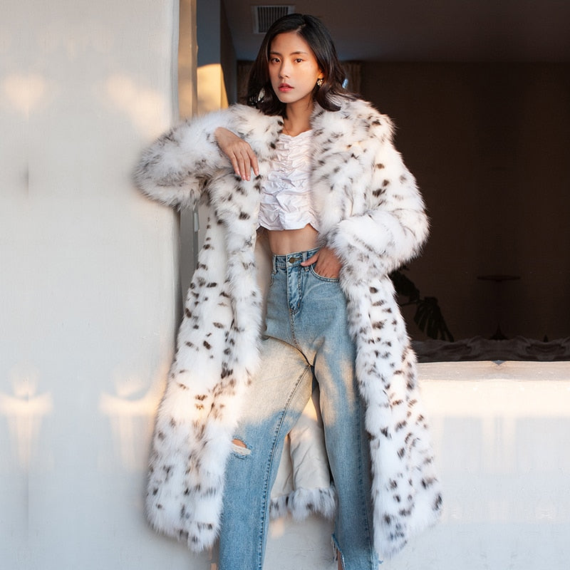 Harajuku Style Long Black Dot Leopard Print Fur Coat