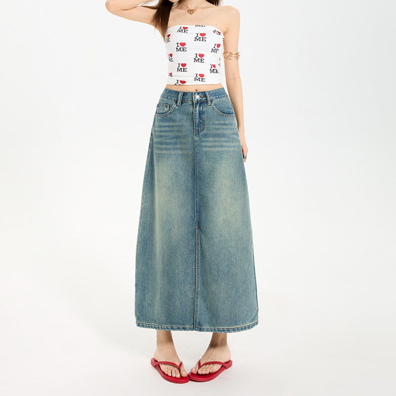 High Waist Slit Denim Skirt for Women - Mid-Length Vintage A-Line Fitted Design