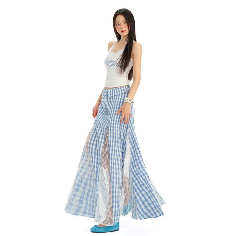 Women's Blue Plaid Summer Dress - Thin Sweet High Waist A-Line Long Skirt with Irregular Lace Detail