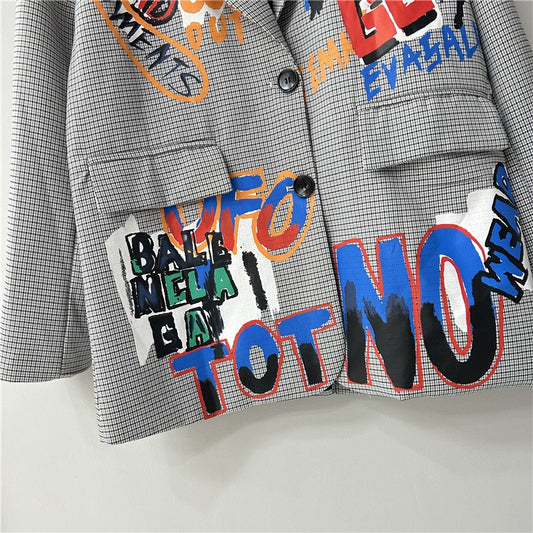 Harajuku Plaid Graffiti Jacket - Loose Fit Women's Suit
