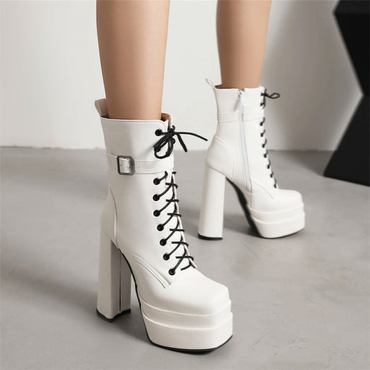 Thick Sole Square Toe Double-Layer Waterproof Platform Low Cylinder Boots