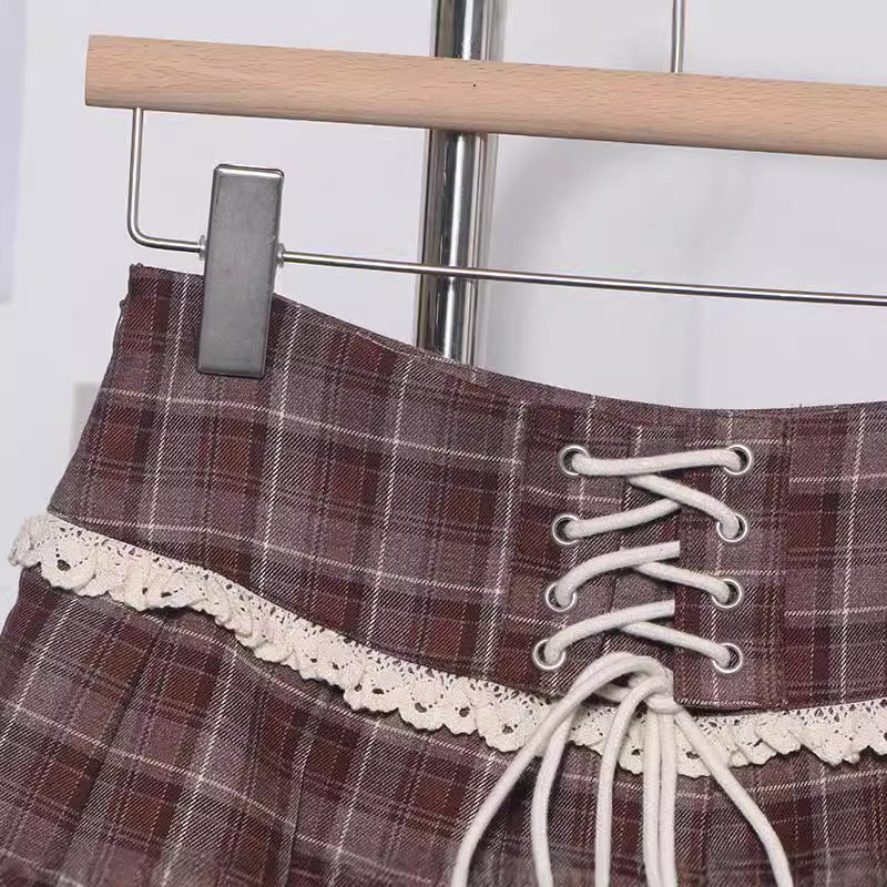 Checkered Midi Skirt with Women's Lace Edge Decoration and Lace-Up Detail, Pleated Short Skirt