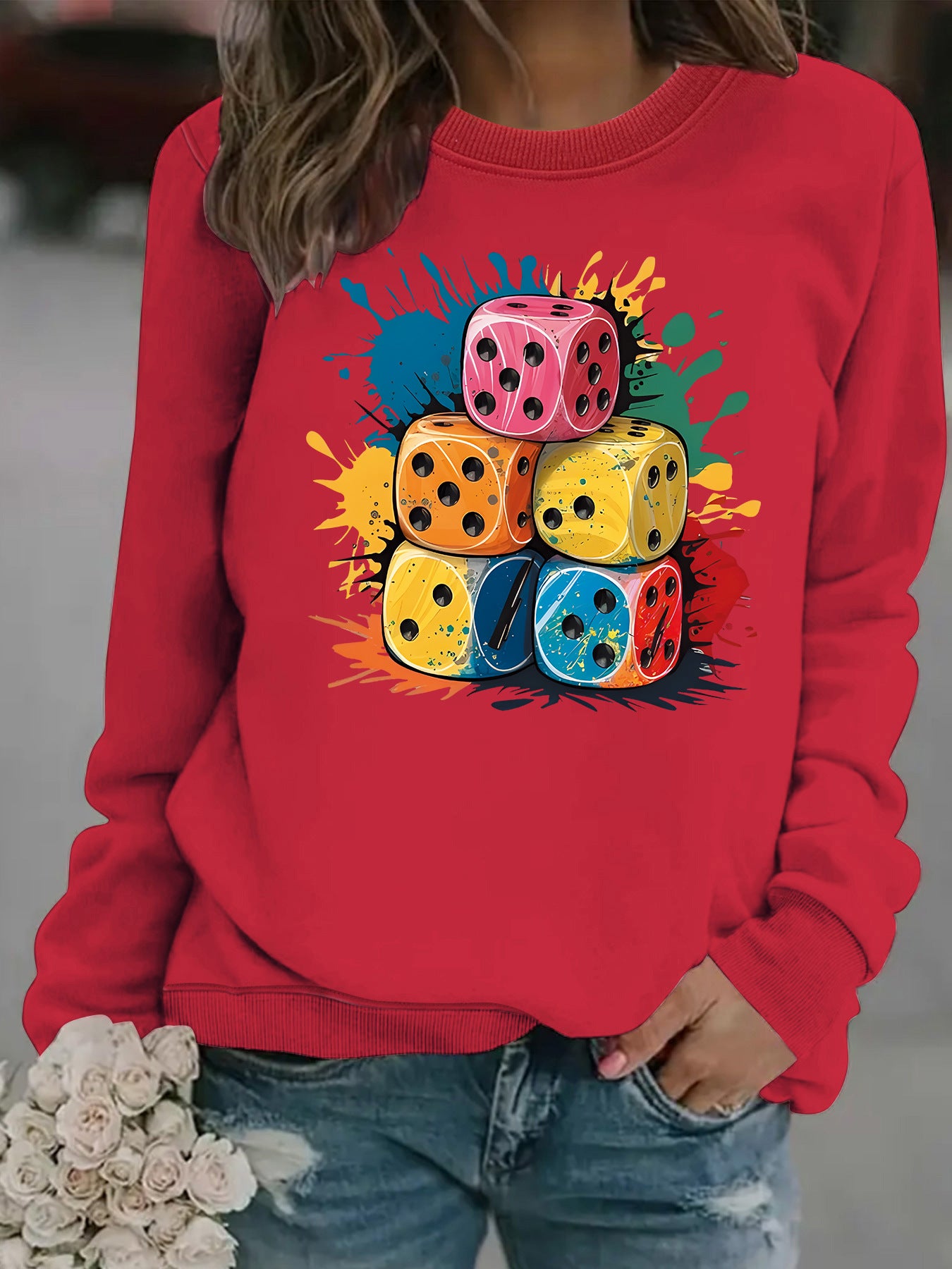 Splash Pattern Printed Stacking Block Hoodie with Round Neck
