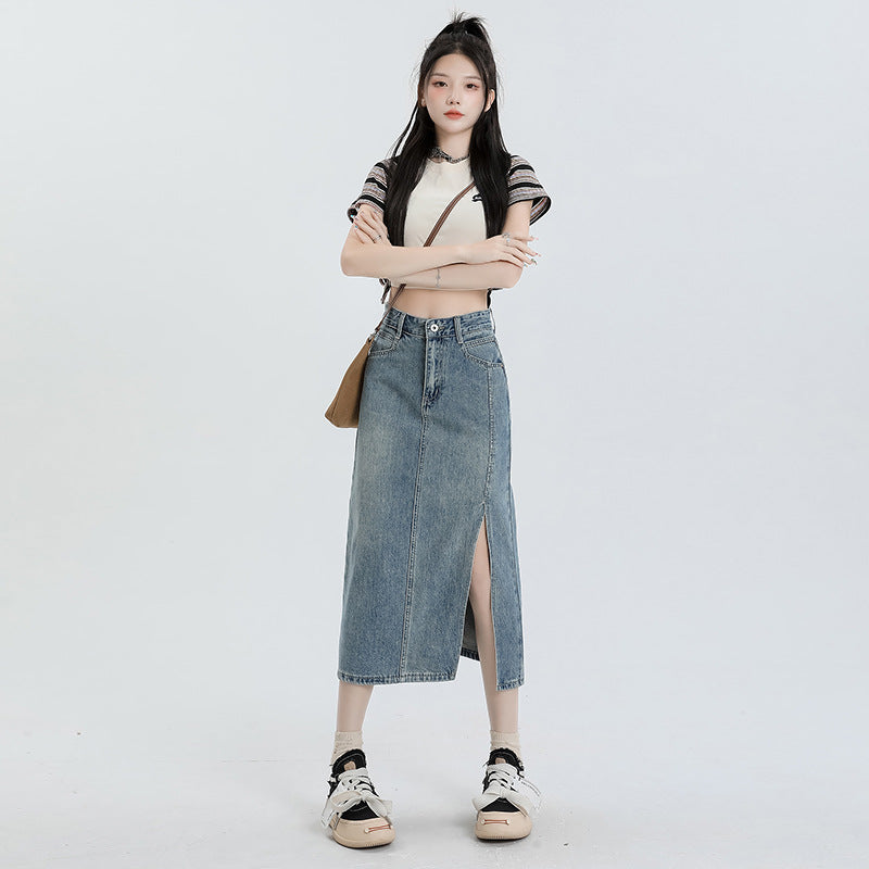 Women's High Waist Loose Fit A-Line Denim Midi Skirt with Slit for Summer