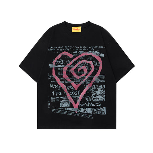 Street Heart Print Loose Short Sleeve T-Shirt for Women and Men Summer Couple Round Neck Oversize Top