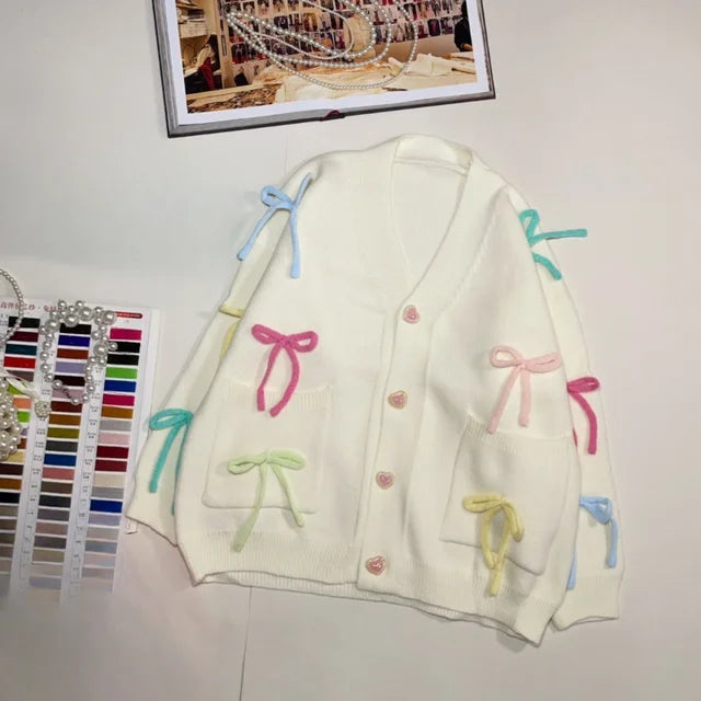 Colorful Three-Dimensional Bow Sweater Cardigan for Girls