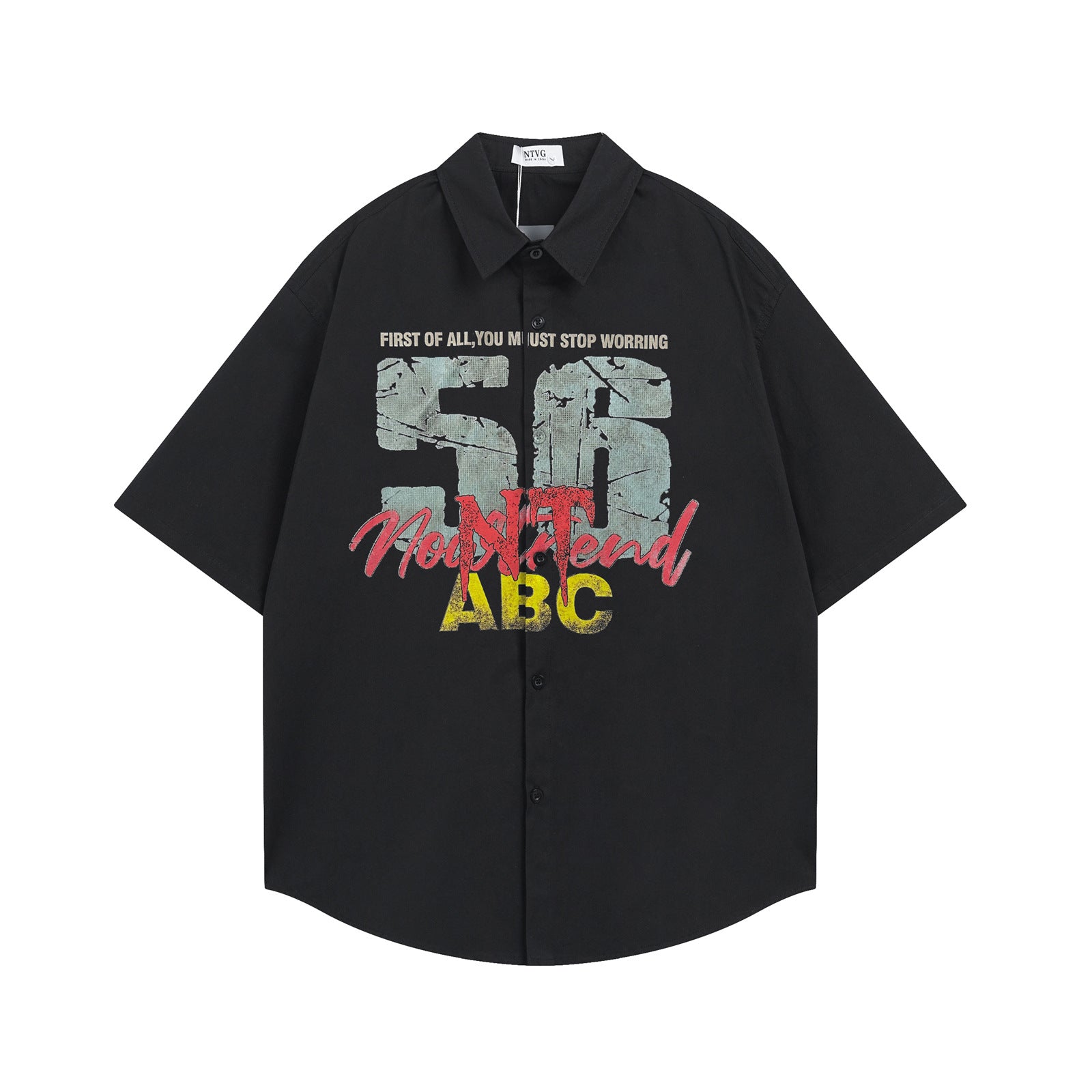 Retro Letter Print Cotton Short Sleeve Shirt
