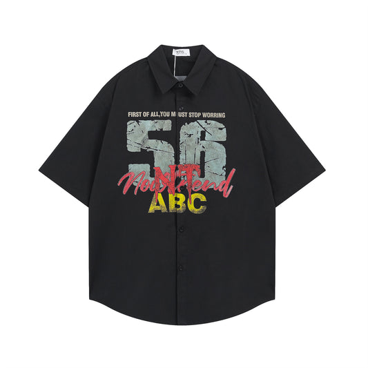 Retro Letter Print Cotton Short Sleeve Shirt