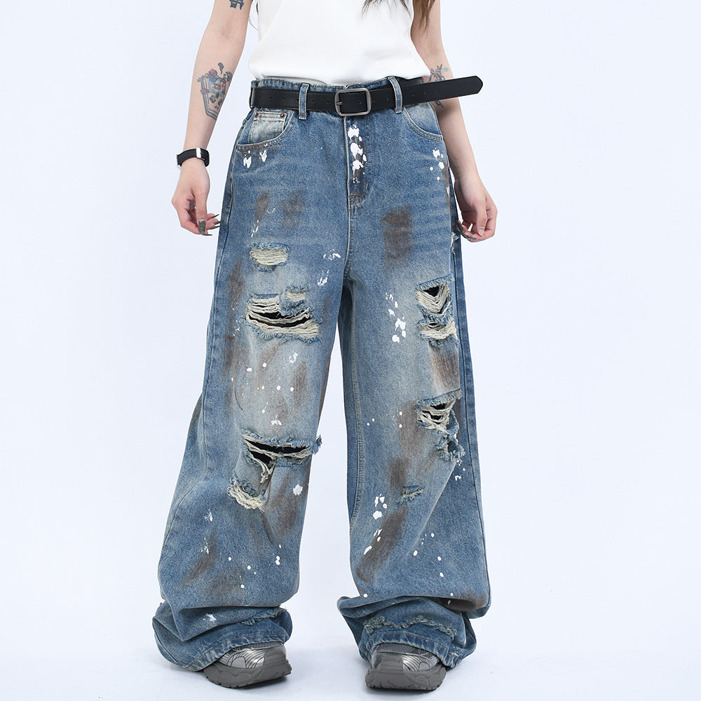 Vintage Washed Denim Pants with Wide Leg