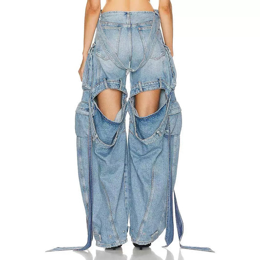 Harajuku-Style Multi Pocket Denim Pants with Decorative Straps