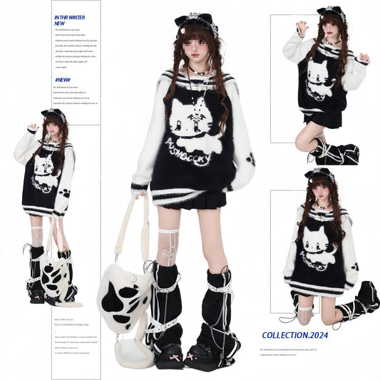 LED Cartoon Imitation Mink Fur Loose Black and White Sweater
