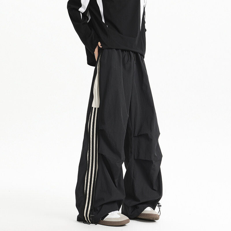 Loose Curved Knife Pants with Zipper & Striped Details