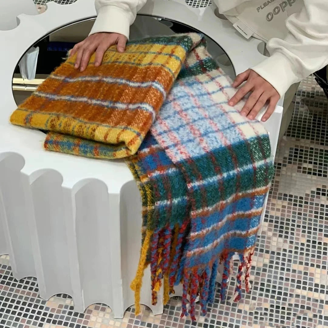 Harajuku Style Rainbow Plaid Wool Scarf with Tassels
